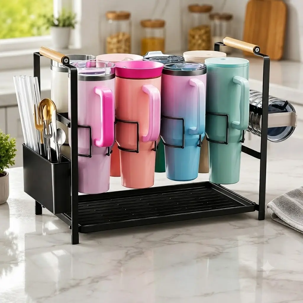 Tumbler Storage Organizer Drying Rack for Stanley 40 oz Cup, 2-in-1 Cup Drying Rack & Storage Organizer, 8-Slot Holder Compatible with Stanley and Similar Tumblers