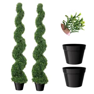 5FT Artificial Spiral Topiary Trees Set of 2, UV-Resistant Faux Boxwood Plants, Realistic Evergreen Outdoor Indoor Potted Trees for Front Porch, Entryway, Patio & Garden Decor