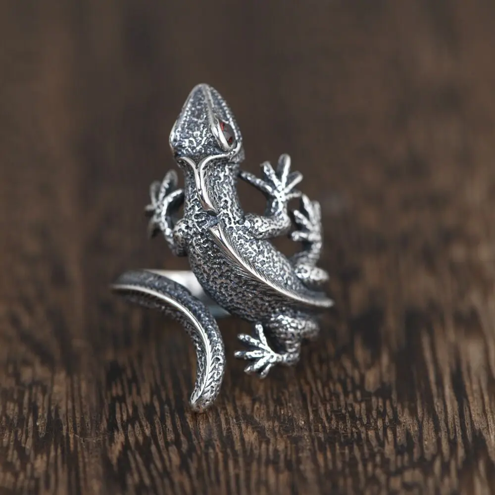 925 Sterling Silver Retro Red-Eyed Lizard Opening Ring - New Creative, 3D, Animal-Shaped, Alternative Artistic, Classic Silver, Anti-Rust Steel Personality Temperament Exquisite Ring TYB169, 3D Rings, Animal Shaped Rings