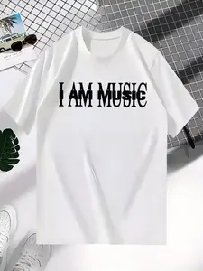 Minimalist Music Identity Tee for Everyday - ‘I AM MUSIC’ Print in Classic White or Black,Personalized short-sleeved T-shirt for casual daily wear suitable for all seasons. Ideal for home and leisure.