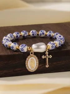 Natural Blue and White Porcelain Gemstone Beaded Bracelet, Fashionable Cross & Round Pendant Bracelet for Women & Men, Trendy All-match & Exquisite Jewelry for Birthday Gift, Pearl Beaded Bracelet