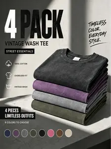 4 Pack Oversized Tshirts Unisex Gym Vintage Heavyweight T Shirts Cotton Workout Acid Wash Baggy Tees Streetwear Beige