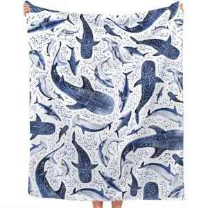 Comfortable Ocean Shark Flannel Blanket - Soft, Warm, Lightweight, Suitable for Bed, Sofa, or Lounge Chair - Blue and White Whale Print, 290g/m², Machine Washable, Perfect for Home Decoration or Gift, Bed Blanket