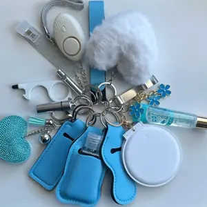 Keychain Accessories Safety Light Wristlet Bling Heart Keychain Lip Gloss Heart Pom Pom-Flip Open Mirror and More-Blue White- Blue Floral Charm