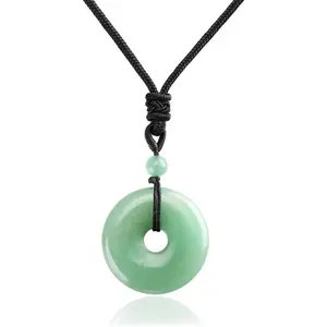 Circle Donut Healing Crystals Necklace Natural Semi-Precious Chakra Gemstone Stone Amulet Lucky Coin Donuts Charm Protection Quartz Reiki Pendant Necklace for Men Women Adjustable Rope