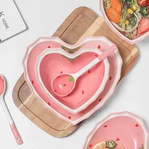 3pcs/set Valentine Strawberry Heart Ceramic Bowl Plate Spoon Set, Dinnerware Service Set, Microwave Safe, Dishwasher Cleanable, Salad Dessert Soup Container