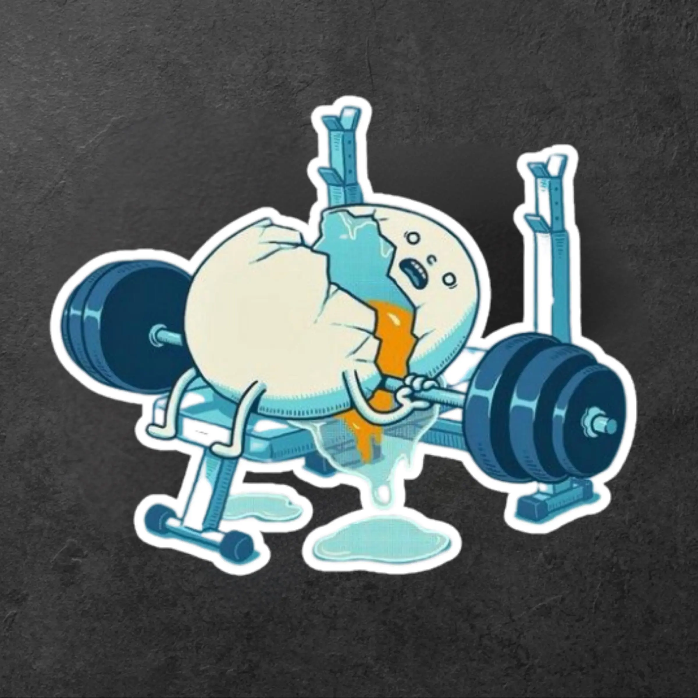 Funny Cracked Egg Bench Pressing Weightlifting Sticker, Sarcastic Gym Humor Waterproof Vinyl Decal for Water Bottle and Laptop
