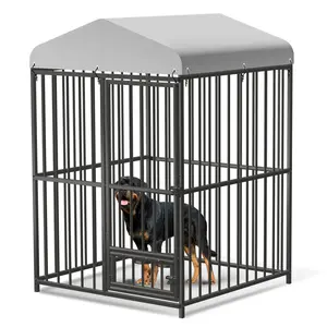 Large Dog Kennel Outside Dog Run Enclosure With Roof, Heavy Duty Outdoor Pet Pens Dog Playpen With Stainless Steel Bowls, Waterproof Dog Cage for Yard Garden Backyard