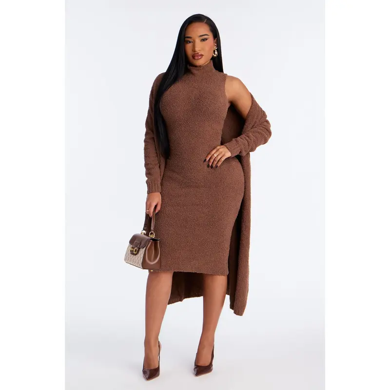 knee length dresses for ladies Stylish Snap Button Sweater Midi Dress