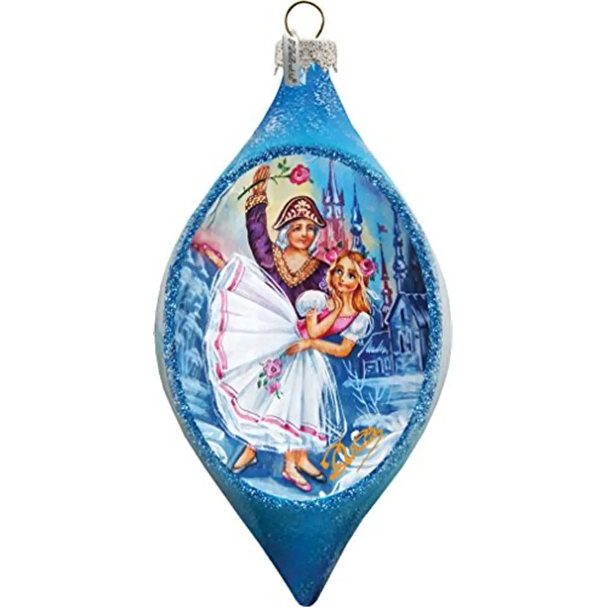212 MAIN Artistic Hand-Painted Glass Nutcracker Ornament Drop - 3.5x3x5.5" Satin Russian Theme Holiday Christmas Tree Decoration, Ribbon-Accented Miniature Christmas Scene Home Decor, Gift Item with Box
