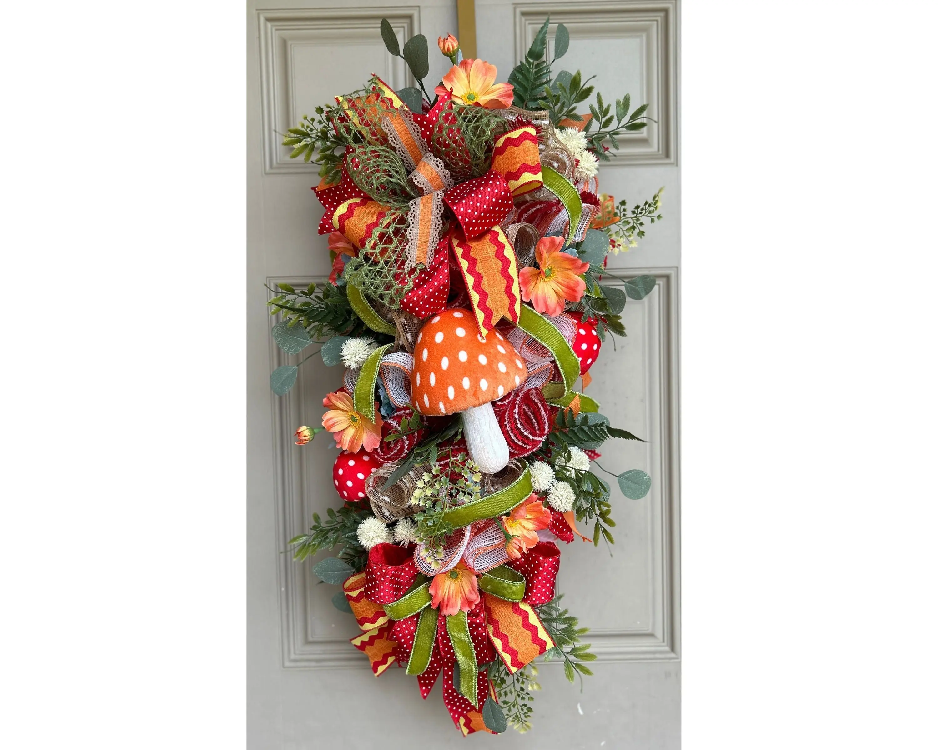 Enchanting Woodland-Themed Handcrafted Door Wreath with Vibrant Faux Flowers and Whimsical Mushroom Accents, Fantasy Themed Swag,
