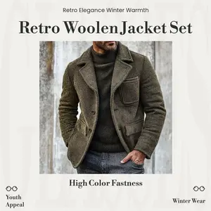 New 2026 Men's Retro Woolen Jacket Casual Lapel Slim Fit Army Green Solid Color Suit for Business Gentleman Winter Leisure - Clothes, Fabric