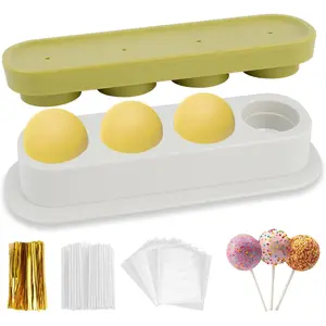 301pcs Round Cake Pop Mold Kit, 4 Cavity Circle Cakepop Making Press Cutter Pusher Sticks Wrappers Twist Ties Baking Tools for Lollipop Candies Chocolates Cookies