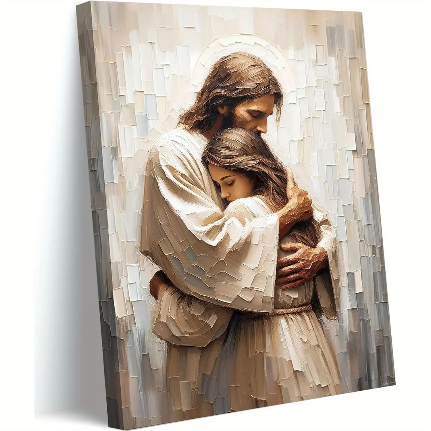 1 Pine Wood Framed Hangable Inspirational Canvas Print Artwork "Jesus Embracing Woman" - 2D Modern Christian Solemn Religious Embrace, Warm-Toned Home Decor Wall Art, Ideal for Living Rooms, Churches