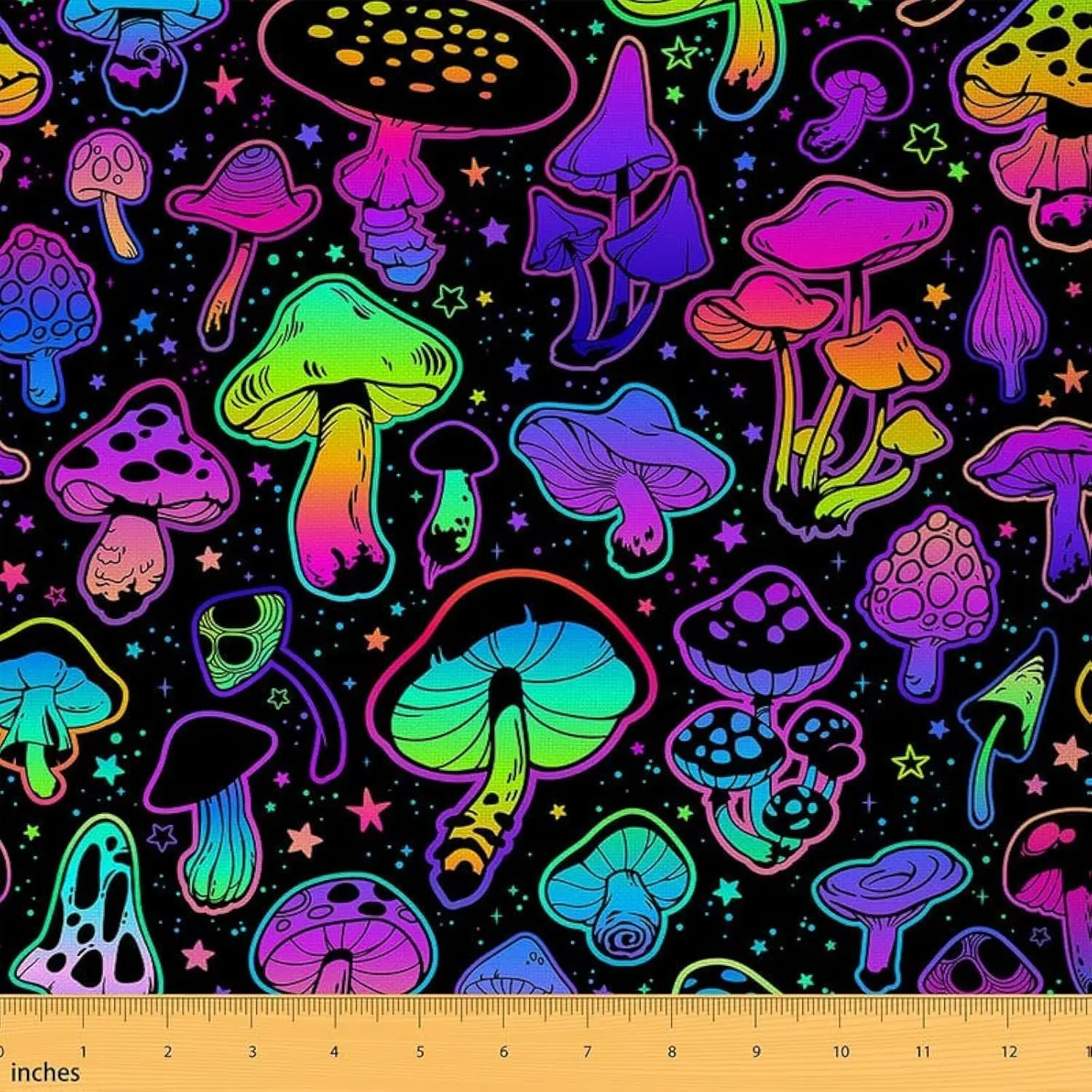 Feelyou Waterproof Woven Upholstery Fabric - 1yd (36x58 in) Mushroom Motif, Fluorescent Hues, Easy-Clean Textile for Curtains, Indoor Accent Furniture