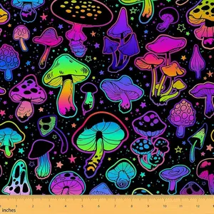 Cute Mushroom Decor Fabric by The Yard,1 Yard,Cartoon Mushrooms Upholstery Fabric,Kawaii Fungus Fluorescent Style Print Decorative Waterproof Fabric