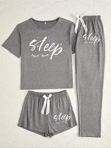 Women's Casual Letter Print Pajama Set, Three-Piece Sleepwear Loungewear for All Seasons, Fitted Kint Fabric, Comfortable Nightwear, Matching Pj Set