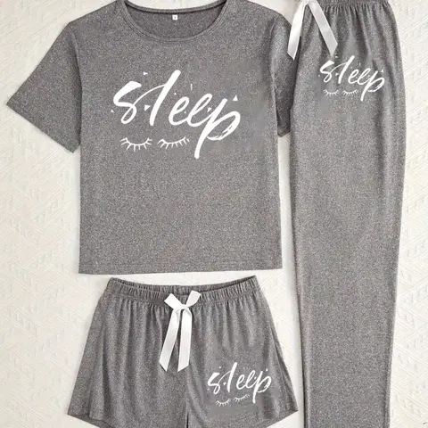 Women's Casual Letter Print Pajama Set, Three-Piece Sleepwear Homewear Clothes Loungewear Pjs Matching Lounge Outfits for All Seasons, Fitted Kint Fabric Knit, Comfortable Nightwear, Matching Pj Set, Matching Pajamas Set
