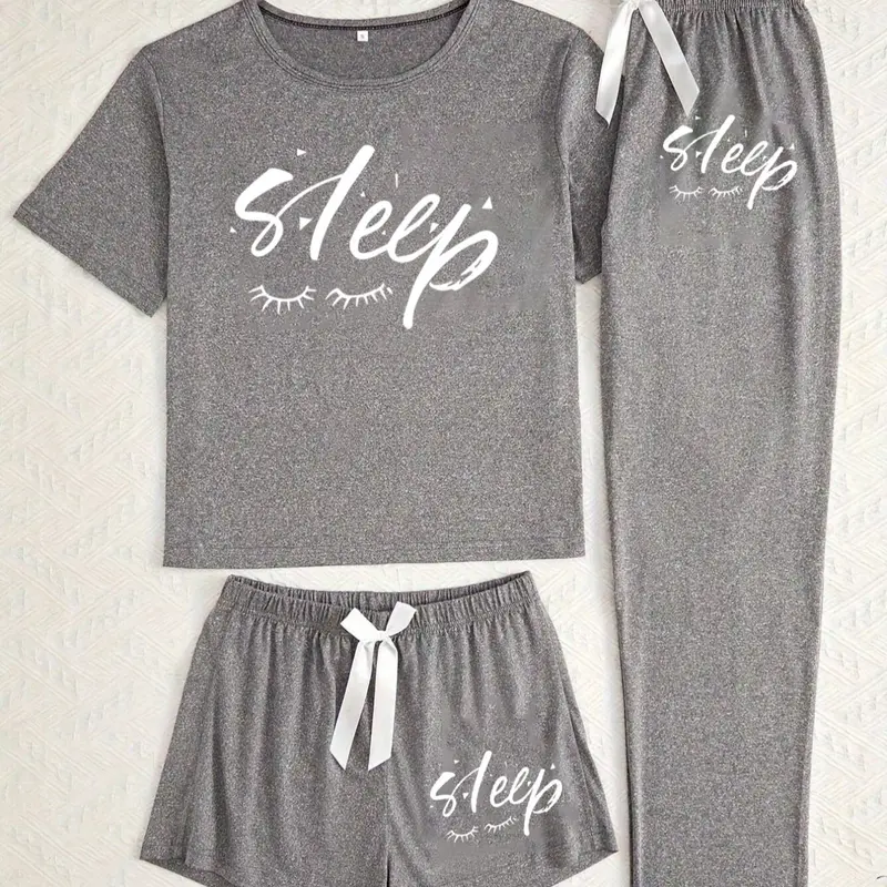 Women's Casual Letter Print Pajama Set, Three-Piece Sleepwear Homewear Clothes Loungewear Pjs Matching Lounge Outfits for All Seasons, Fitted Kint Fabric Knit, Comfortable Nightwear, Matching Pj Set, Matching Pajamas Set