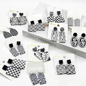 Vintage Black & White Contrast Earrings Set with Acrylic Design Featuring Zebra Stripe & Polka Dot Patterns, Iron Ear Needle, Daily & Gift Occasions