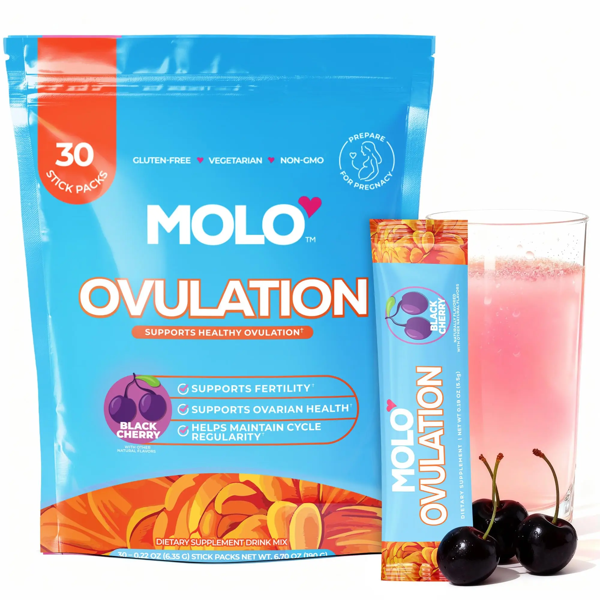 MOLO Ovulation Supplement for Women - Myo-Inositol, D-Chiro-Inositol, Vitamin D for Monthly Cycle Nutritional Support– 30 Stick Packs Black Cherry Flavor – Vegetarian, Gluten-Free & Non-GMO