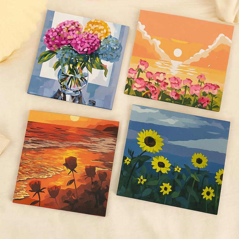DIY Painting By Numbers Kit - Framed Canvas Set with Brushes, Pre-Mixed Paints & Sample Image - Relaxing Art for Home Decor or Gifting - Dreamy Sunsets & Elegant Flowers Designs