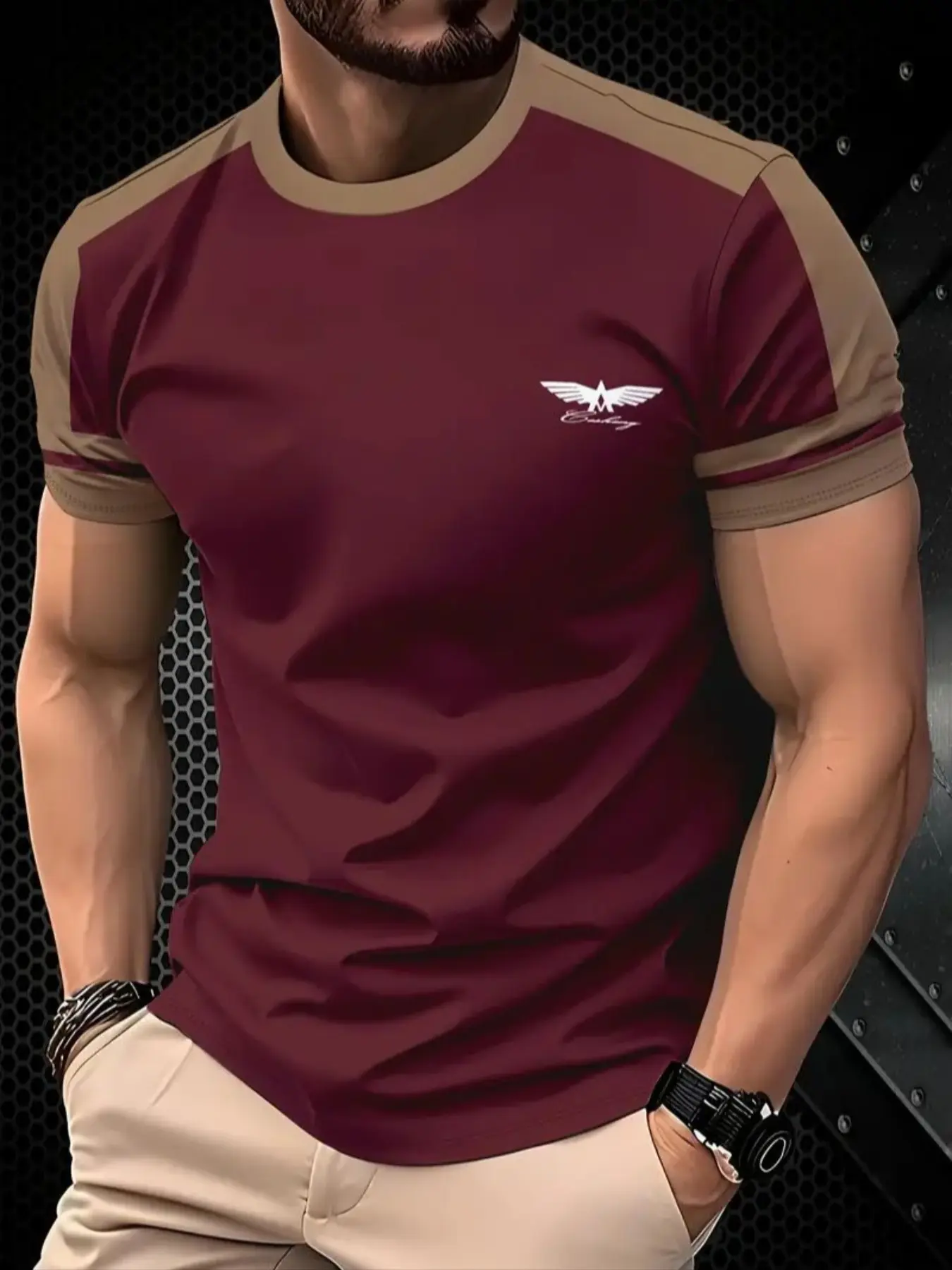 Men's Fashion Wine Short T-Shirt Top, Minimalist All over Print Design, Thin Fabric Fitted Style for All Seasons Casual Wear, Menswear