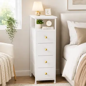 Narrow Dresser for Bedroom, End Table, Vertical Chest of Drawers with Shelf & 4 Drawers, Slim Dresser Storage Tower with Wood Top, Sturdy Frame, Leather Faux for Narrow Space, Bathroom&Laundry(White)