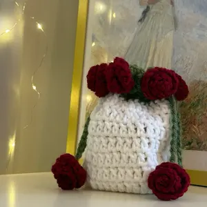 Handmade Crochet Rose Drawstring Pouch Jewelry & Gift Bag with Red Roses and White Base