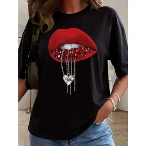 Red Lips Rhinestone Drip Graphic Tee Unisex Top Oversized Crewneck Short Sleeve Soft Casual Streetwear Y2K Going Out Concert Festival Outfit
