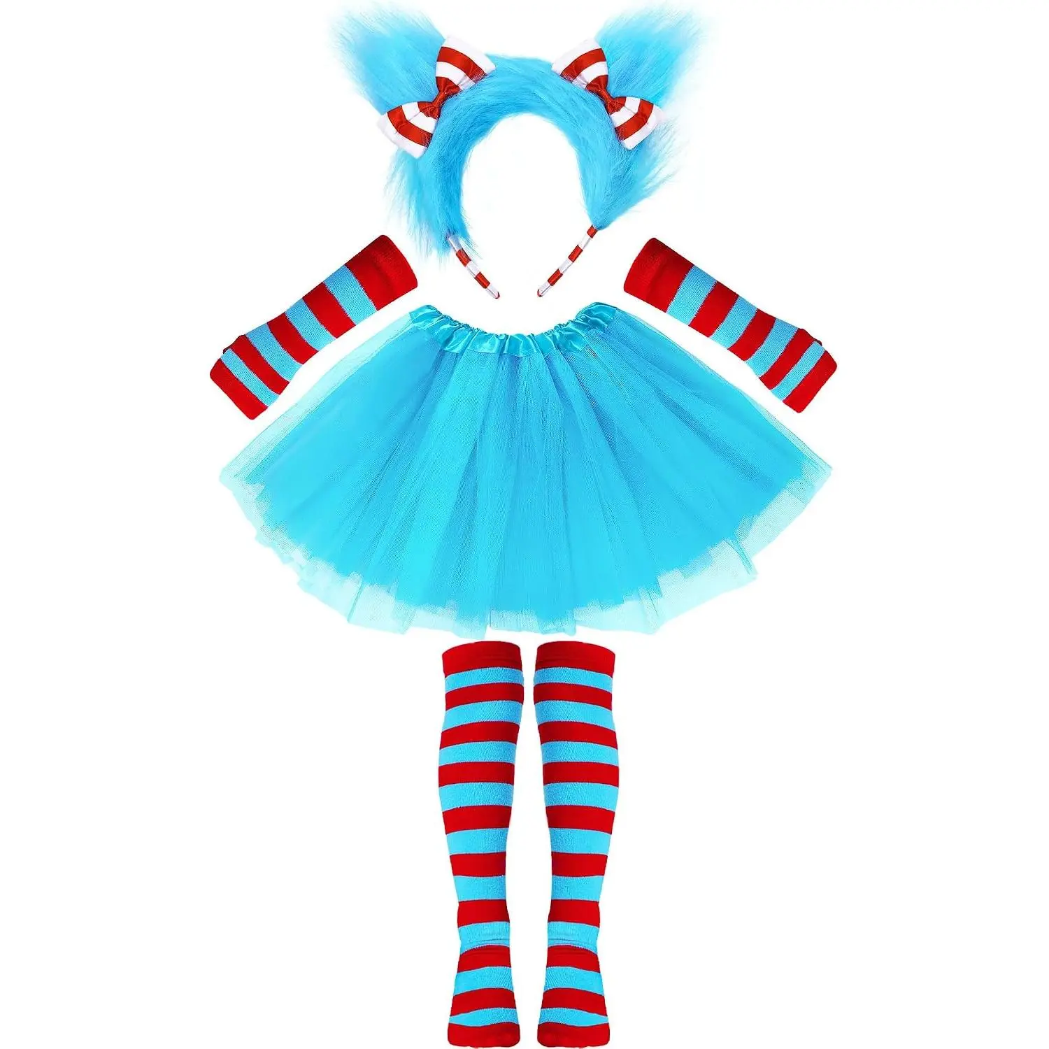 4 PCS Girls Halloween Costumes Accessories Set,Halloween Dress Up | Fluffy Headband/Blue Tutu Skirt/Striped Socks/Arm Warmers,Lightweight,Halloween Costumes for Girls Kids,Quick Dress Up