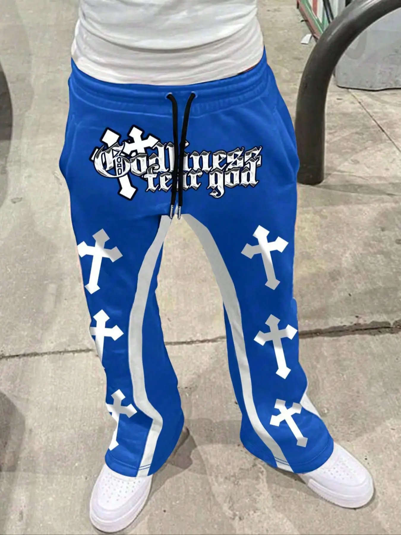 Men's Cross & Letter Print Graphic Drawstring Waist Flare Leg Pants, Street Fashion Casual Colorblock Pocket Elastic Waist Bell Bottom Trousers for Da