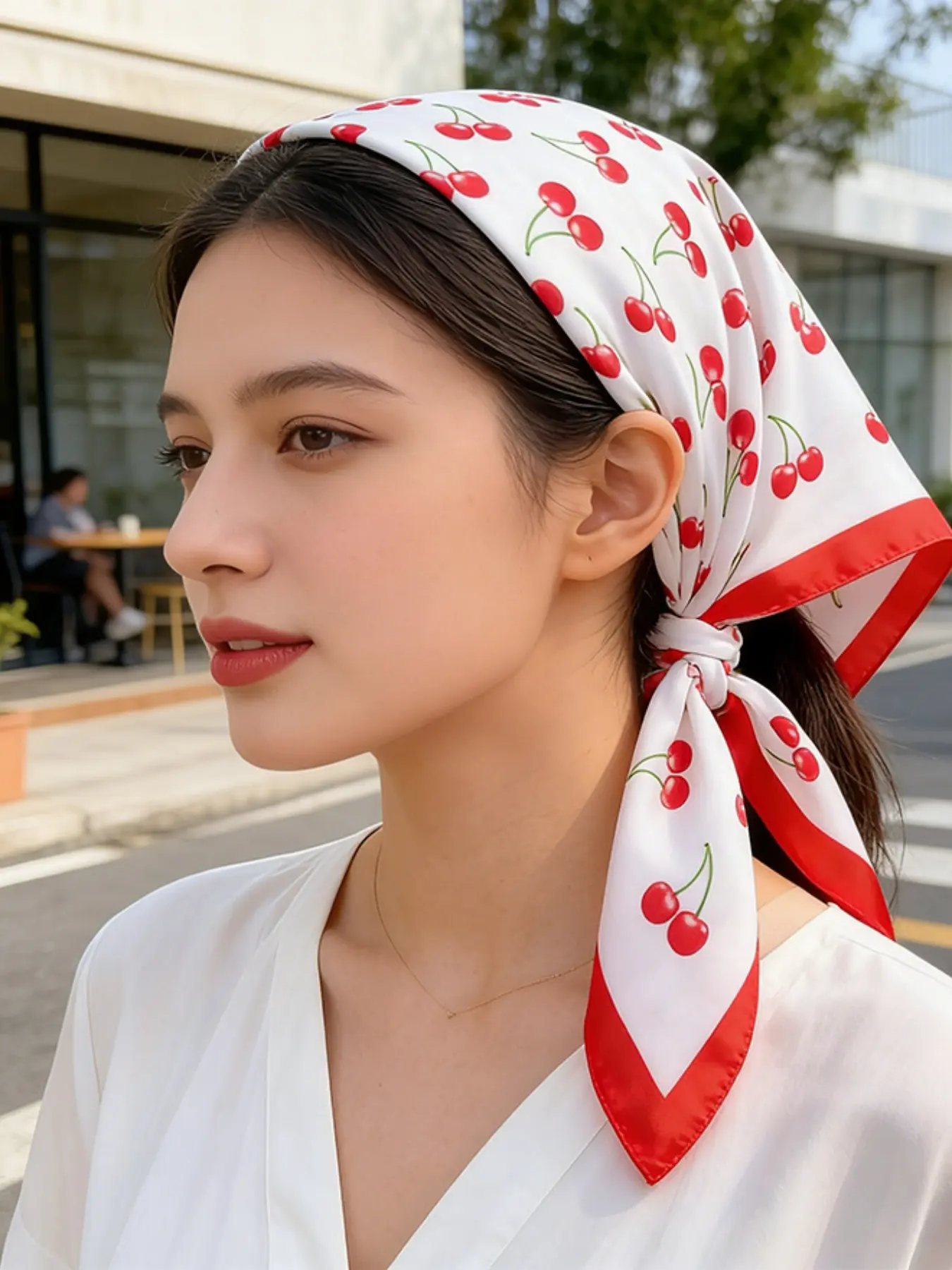 Cherry Print 70cm Square Scarf and Shawl, Fashion Shawl, Boho Shawl, Women's Decorative Headscarf, Necktie, Silk Scarf, Waist Scarf, Versatile Dress Accessory