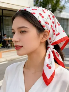 Cherry Print 70cm Square Scarf and Shawl, Women's Decorative Headscarf, Necktie, Silk Scarf, Waist Scarf, Versatile Dress Accessory