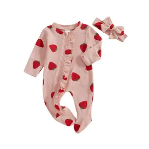 Newborn Coming Home Outfit Girl Boy Strawberry Print Zip Up Ruffle Butts Footie Romper Jumpsuit Waffle Knit Onesie Hospital Clothes