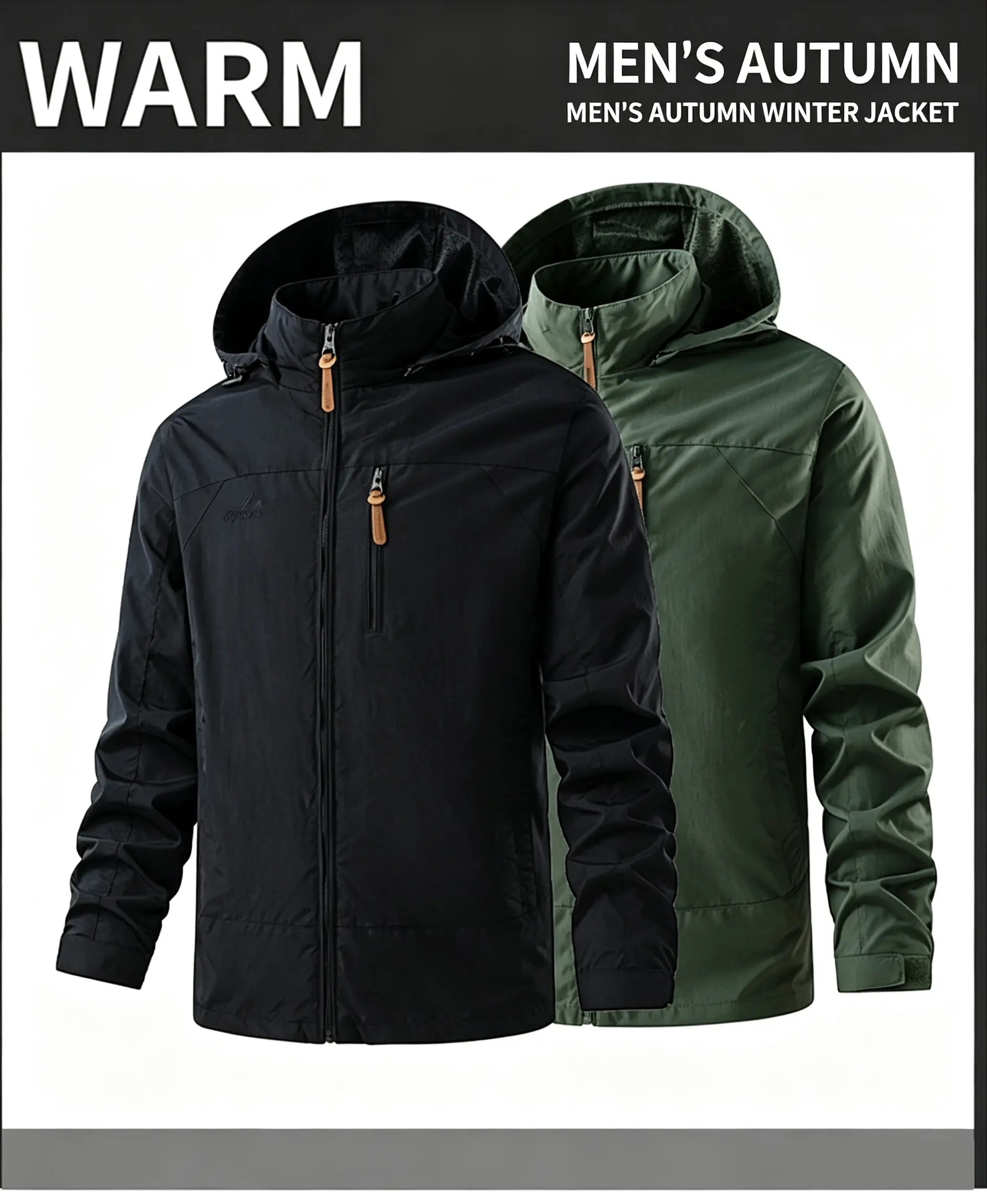 Men’s outdoor jacket with detachable hood, front zipper, windproof design, suitable for hiking and everyday outdoor wear