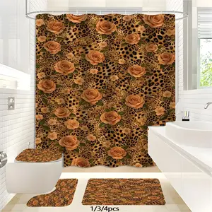 JIT 1/3/4 pcs bathroom set with leopard print and rose vintage pattern bathroom decoration set. Bathtub cover, bathroom mat, shower curtain, 12 hooks, suitable for bathroom home decoration. Shower Curtain Sets