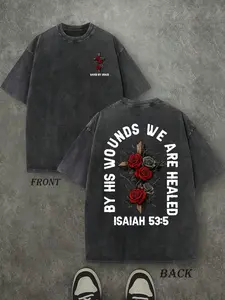 Vintage By His Wounds We Are Healed Christian T‑Shirt, Isaiah 53:5 Cross Rose Washed Black Cotton Oversized Short Sleeve Tee, Retro Faith‑Based Casual Crewneck Shirt with Front & Back Print