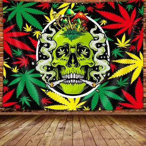 60in x 40in tapestry Wathon Trippy Weed Marijuana Tapestry Smoking Skull Marijuana Leaf Wall Tapestry for Bedroom, Psychedelic Tie Dye Stoner Tapestries for Men Aesthetic Hippie Wall Art Poster for Dorm Home Decor 60X40IN