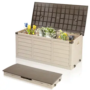 VINGLI 75Gal Collapsible Wood Grain Storage Box with Wheels | Heavy-Duty Plastic Organizer for Garden/Patio | Space-Saving Fold Design
