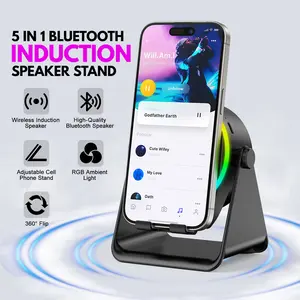 5-in-1 Wireless Induction Audio Bluetooth Speaker, Cellphone Holder, Tablet Stand, RGB Ambient Light, Portoable Travel Speaker, Desk Accessory, Rotable Adjustable Design, Gifts for Friends, Family, Office, Home, Outdoors, Shower