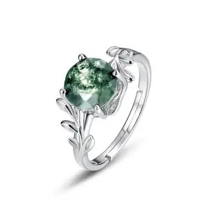 Natural Dainty Ring Green Moss Agate Rings for Women 925 Sterling Silver Gemstone Round Moss Agate Engagement Fine Jewelry Valentine Gift for Girlfriend