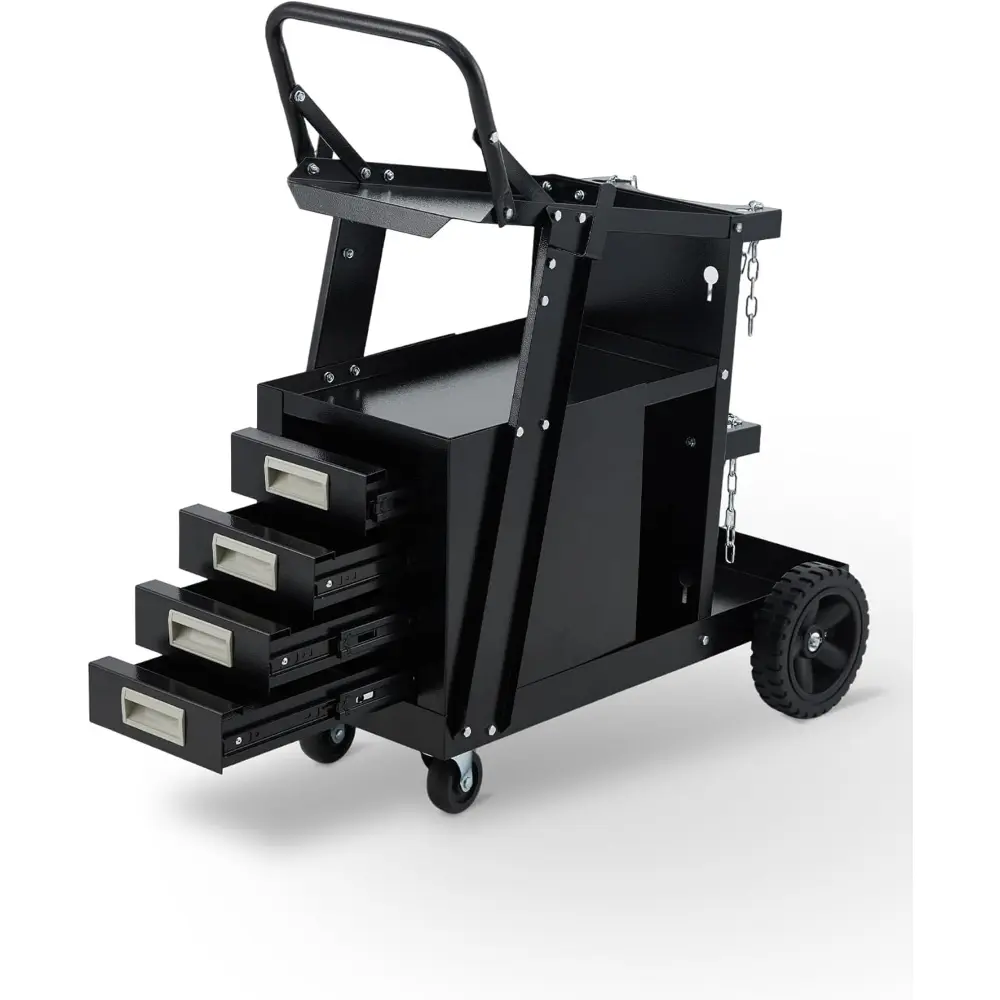 Heavy-Duty Welding Cart with 4 Drawers, 360-Degree Swivel Wheels, Multi-Purpose Hooks, Gas Tank Holder, 270lb Capacity, Compatible with TIG Welders and Plasma Cutters