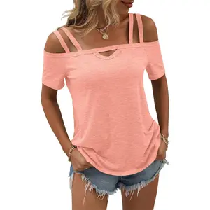 Women's Cold Shoulder Tops Summer Sexy Cut Out Tops Short Sleeve Criss Cross Casual ShirtsGift