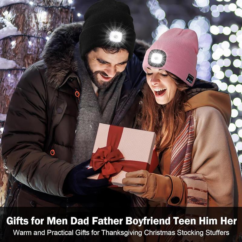 Bluetooth Beanie with a Light, Unisex USB Rechargeable 4 LED Flashlight Hat with Cordless Headphones, Unique Christmas Birthday Gifts for Men Him Husband Teen