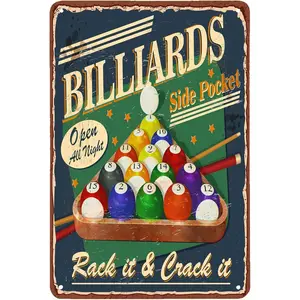 Billiards Tin Sign, Vintage Billiards Poster Side Pocket Tin Signs for Home Bar Coffee 12" X 8"in