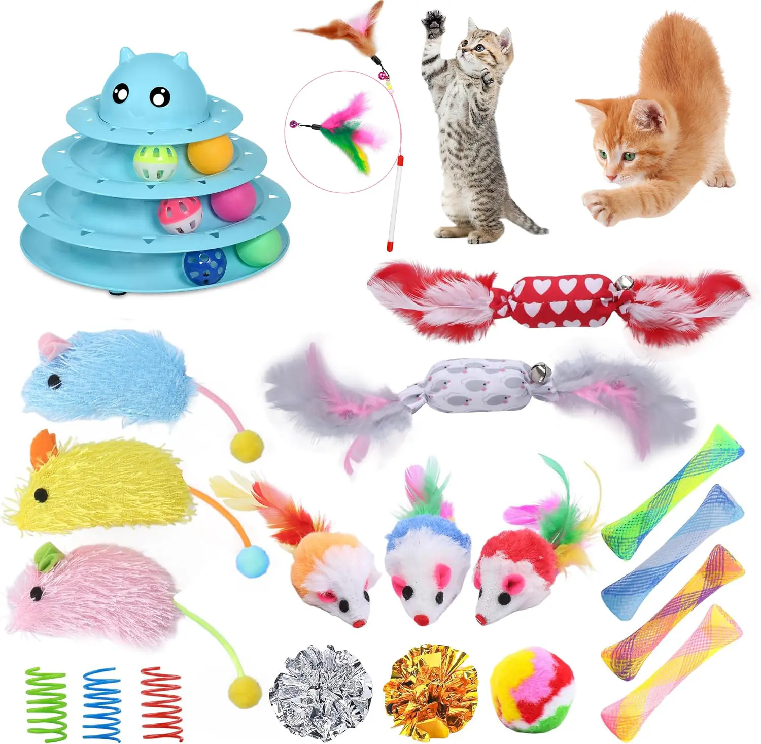 Cat Toys 24 PCS 3-Level Turntable Kitten Toys Set with Interactive Cat Roller, Catnip, Mice, Spring, and Various Ball Toys for Indoor Cats