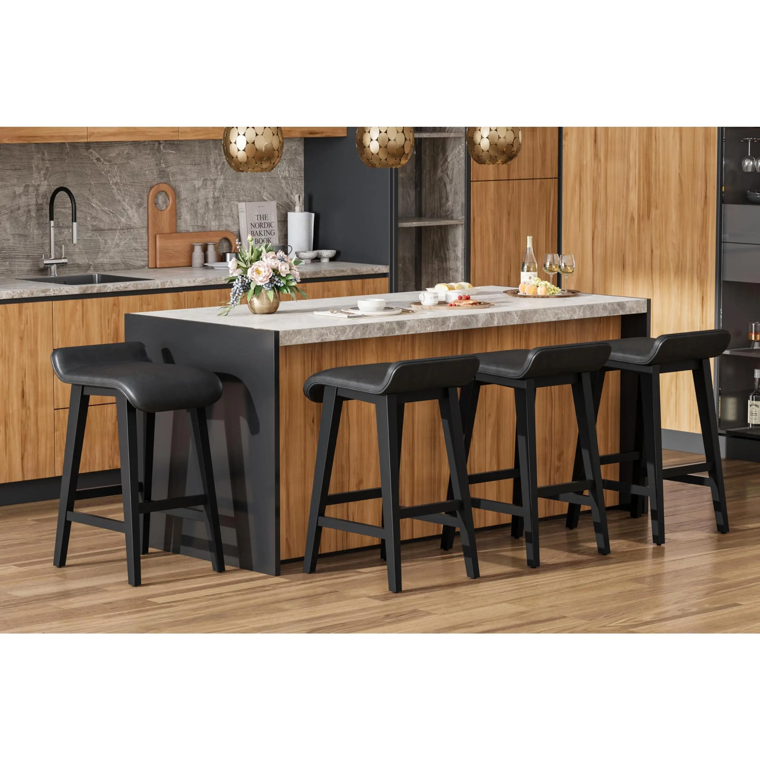 Garvee 26.2" Solid Wood Bar Stools Set of 4, Counter Height Bar Stools with Wide PU Leather Upholstered Seat, Barstools Set for Kitchen Islands, Counter Bars, Black