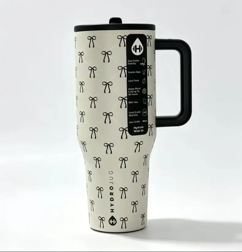 HydroJug 40 oz  elegant mini black bow print with Handle and Straw Tumbler Water Bottle  large capacity car cup, 100% Leakproof Insulated Tumbler  | Keeps Ice 24+ Hours | Cup Holder Friendly Base | Insulated Thermal Tumbler, Easy-Clean Durable Travel Mug