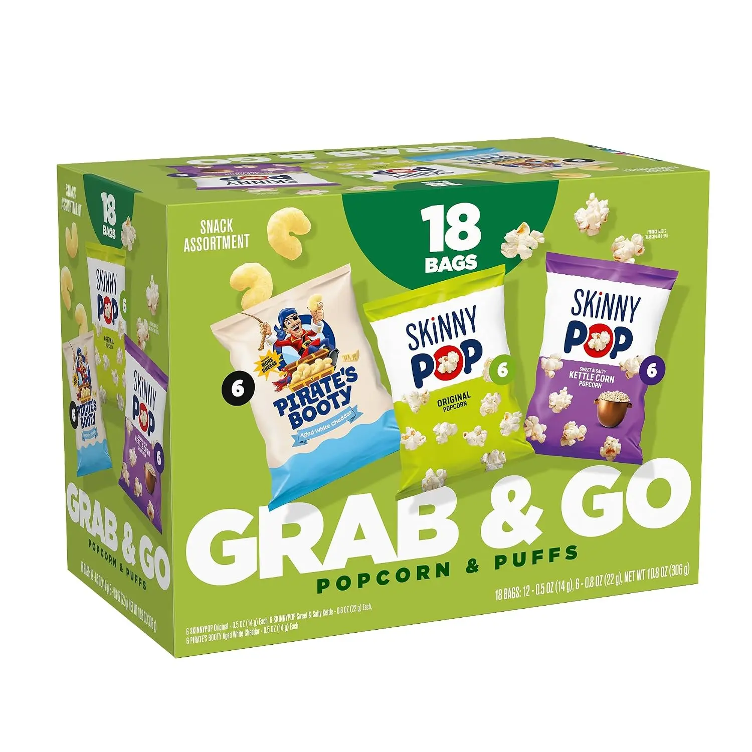 SkinnyPop Popcorn & Pirate's Booty Cheese Puffs, Snacks Variety Pack, 18 ct
